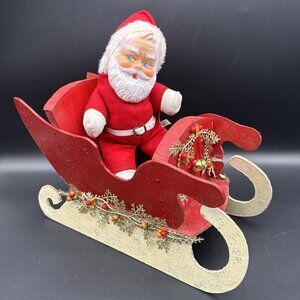 Vintage MCM Rubber Face Plush Santa Handmade Wood Sleigh Christmas Decor